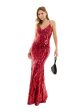 B DARLIN Womens Red Sequined Zippered Floral Sleeveless V Neck Full-Length Formal Gown Dress For Cheap