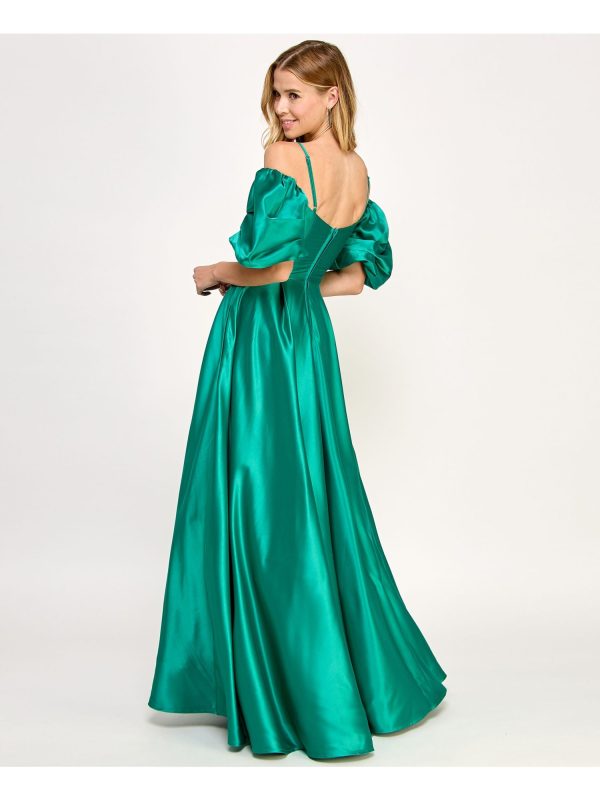 CITY STUDIO Womens Green Satin Zippered Adjustable Soft Cup Poof Sleeve Lined Pleat Pouf Sleeve Sweetheart Neckline Full-Length Formal Gown Dress on Sale