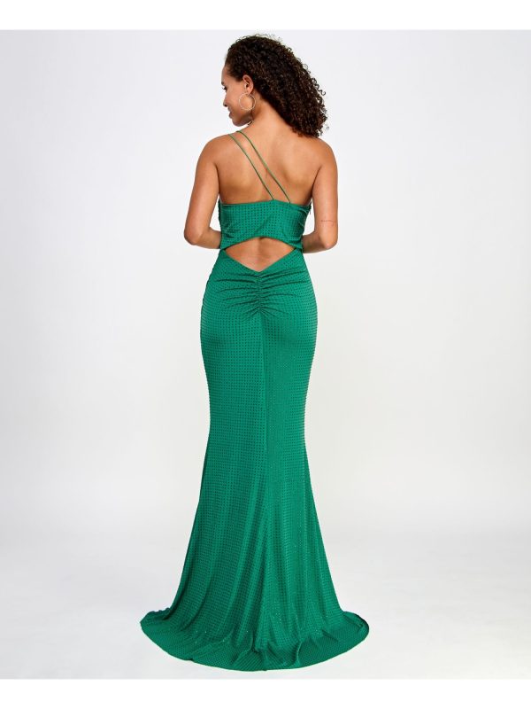 CRYSTAL DOLLS Womens Green Embellished Ruched Cut Out Back Sleeveless Asymmetrical Neckline Full-Length Formal Gown Dress Online Sale