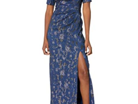 ADRIANNA PAPELL Womens Navy Zippered Ruched Draped Thigh-high Slit Lined Short Sleeve Sweetheart Neckline Full-Length Evening Gown Dress Online Hot Sale