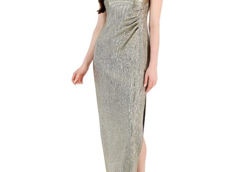 CONNECTED APPAREL Womens Gold Textured Slitted Metallic Gown Sleeveless Cowl Neck Maxi Evening Sheath Dress Cheap