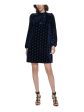 CALVIN KLEIN Womens Navy Stretch Zippered Gathered Velvet Lined Polka Dot Long Sleeve Tie Neck Short Party Shift Dress Fashion