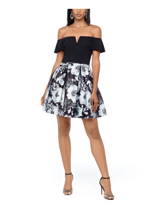 BETSY & ADAM Womens Black Pocketed Floral Off Shoulder Short Party Fit + Flare Dress Discount