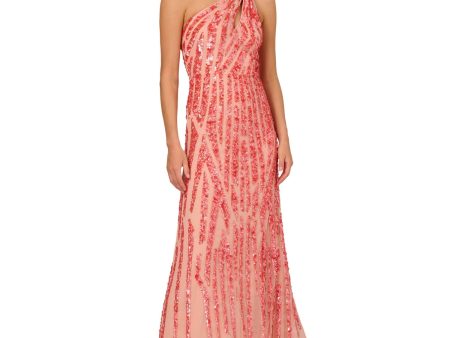 ADRIANNA PAPELL Womens Coral Mesh Zippered Cut Out Double One-shoulder Strap Lined Sleeveless Asymmetrical Neckline Full-Length Evening Gown Dress Sale