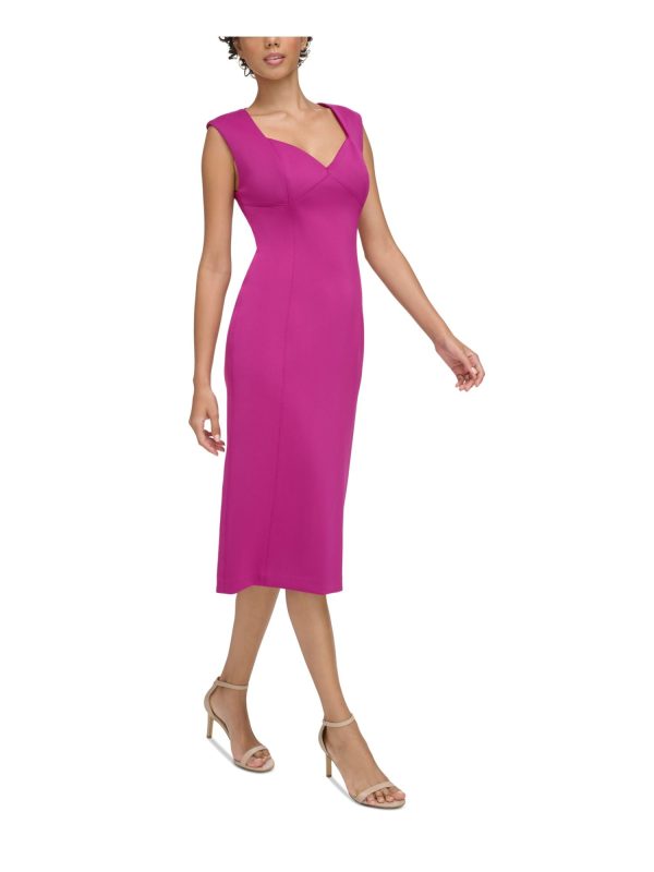 CALVIN KLEIN Womens Purple Zippered Seam Details Back Slit Cap Sleeve Sweetheart Neckline Midi Party Sheath Dress For Discount