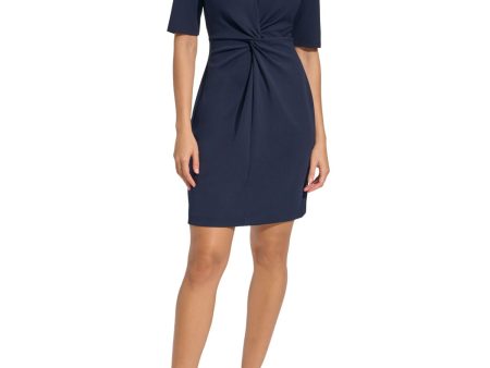 CALVIN KLEIN Womens Navy Twist Front Zippered Unlined Elbow Sleeve V Neck Above The Knee Wear To Work Sheath Dress on Sale