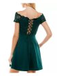 CITY STUDIO Womens Green Scalloped Pocketed Corset-laced Back Zippered Short Sleeve Off Shoulder Short Party Fit + Flare Dress Hot on Sale