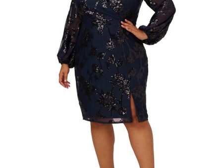 ADRIANNA PAPELL Womens Navy Zippered Slitted Lined Long Sleeve Surplice Neckline Knee Length Evening Sheath Dress Hot on Sale