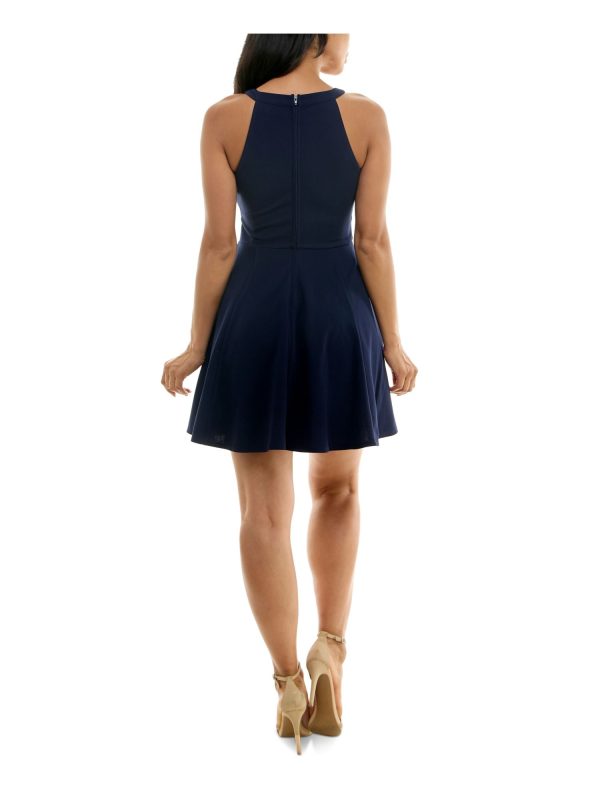 EMERALD SUNDAE Womens Navy Zippered Wide Rhinestone-trim Waist Sleeveless Keyhole Short Party Fit + Flare Dress Online Hot Sale