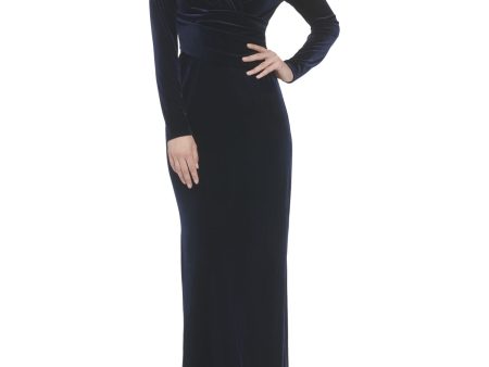 ELIZA J Womens Navy Zippered Lined Gathered Waist Long Sleeve Surplice Neckline Full-Length Evening Gown Dress Discount