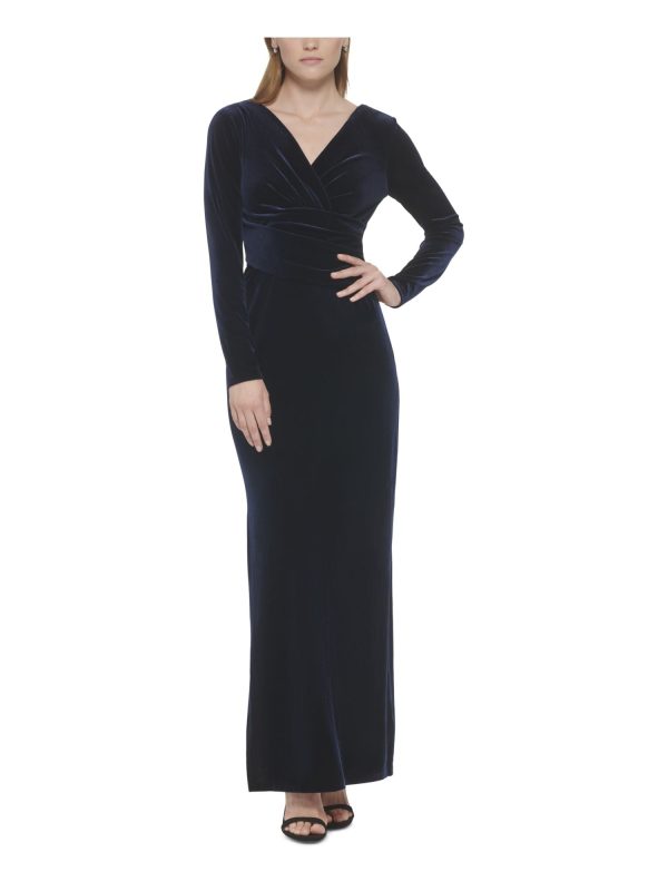 ELIZA J Womens Navy Zippered Lined Gathered Waist Long Sleeve Surplice Neckline Full-Length Evening Gown Dress Discount