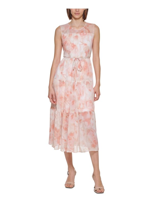 CALVIN KLEIN Womens Orange Sheer Keyhole Back Lined Tiered Printed Sleeveless Round Neck Midi Fit + Flare Dress Online now