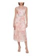 CALVIN KLEIN Womens Orange Sheer Keyhole Back Lined Tiered Printed Sleeveless Round Neck Midi Fit + Flare Dress Online now