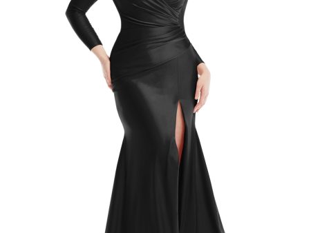 CYNTHIA & SAHAR Womens Black Zippered Pleated Ruched Thigh High Slit Long Sleeve Surplice Neckline Full-Length Formal Gown Dress Sale