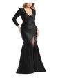 CYNTHIA & SAHAR Womens Black Zippered Pleated Ruched Thigh High Slit Long Sleeve Surplice Neckline Full-Length Formal Gown Dress Sale