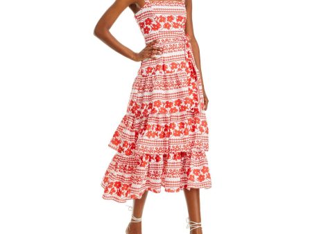 AQUA Womens White Zippered Lined Tiered Skirt Tie-belt Floral Sleeveless Square Neck Midi Fit + Flare Dress on Sale