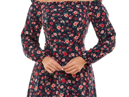 B DARLIN Womens Navy Zippered Floral Long Sleeve Off Shoulder Short Evening Fit + Flare Dress Online now