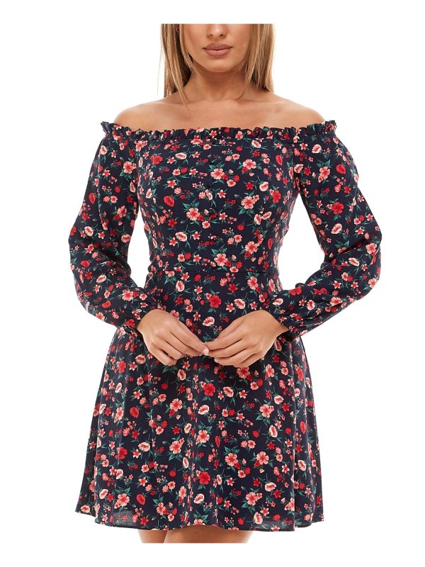 B DARLIN Womens Navy Zippered Floral Long Sleeve Off Shoulder Short Evening Fit + Flare Dress Online now