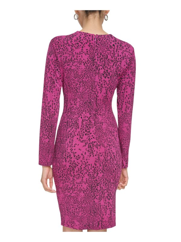 CALVIN KLEIN Womens Purple Stretch Zippered Unlined Metallic Hardware Gathered Printed Long Sleeve Surplice Neckline Above The Knee Party Faux Wrap Dress Online Hot Sale