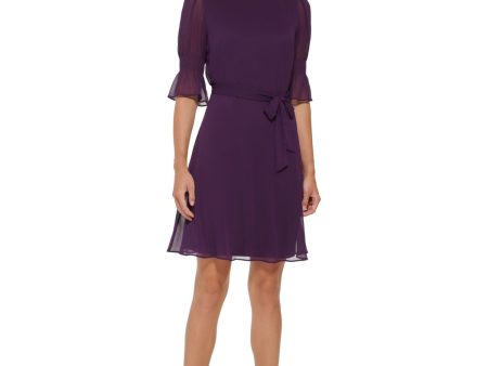 DKNY Womens Purple Zippered Lined Ruffled Cuffs Self-tie Belt Pouf Sleeve Round Neck Above The Knee Wear To Work Fit + Flare Dress Online Sale