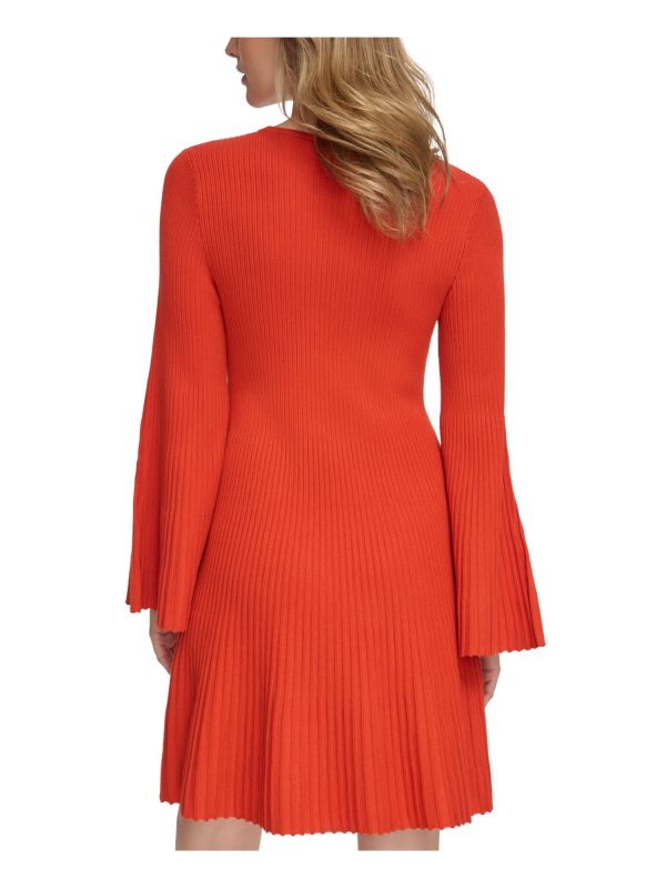 CALVIN KLEIN Womens Orange Ribbed Slit Sleeves Bell Sleeve Jewel Neck Above The Knee Sweater Dress For Cheap