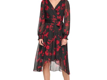 DKNY Womens Black Pleated Zippered Tie-belt Hi-lo Hem Lined Printed Balloon Sleeve Surplice Neckline Midi Wear To Work Faux Wrap Dress Sale