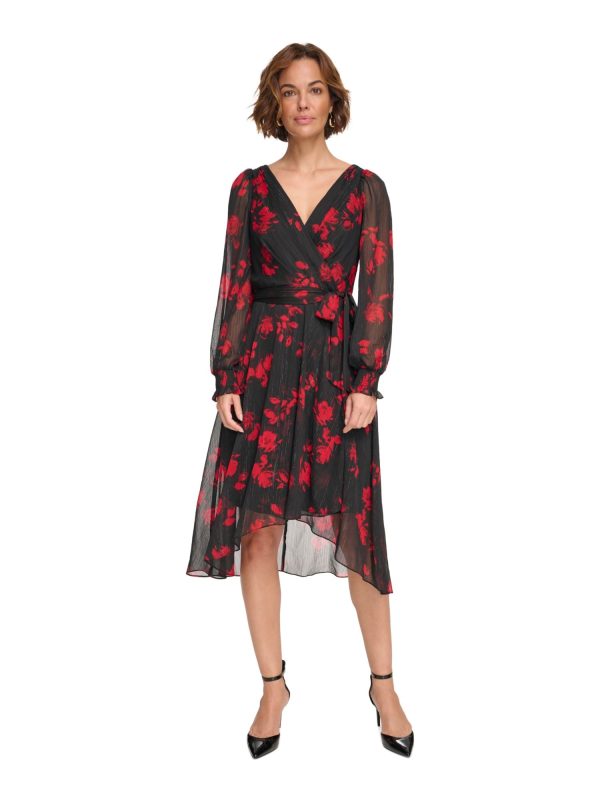 DKNY Womens Black Pleated Zippered Tie-belt Hi-lo Hem Lined Printed Balloon Sleeve Surplice Neckline Midi Wear To Work Faux Wrap Dress Sale