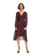 DKNY Womens Black Pleated Zippered Tie-belt Hi-lo Hem Lined Printed Balloon Sleeve Surplice Neckline Midi Wear To Work Faux Wrap Dress Sale