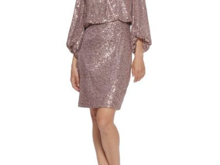 ELIZA J Womens Stretch Sequined Balloon Sleeve Surplice Neckline Short Evening Sheath Dress Online Hot Sale