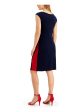 CONNECTED APPAREL Womens Navy Stretch Ruched Color Block Cap Sleeve Scoop Neck Above The Knee Party Fit + Flare Dress For Cheap