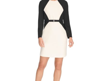 DKNY Womens Beige Zippered Belted Lined Color Block Long Sleeve Round Neck Above The Knee Wear To Work Sheath Dress For Discount