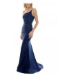 B DARLIN Womens Navy Zippered Ruched Padded Lined Fitted Spaghetti Strap Asymmetrical Neckline Full-Length Prom Gown Dress Sale