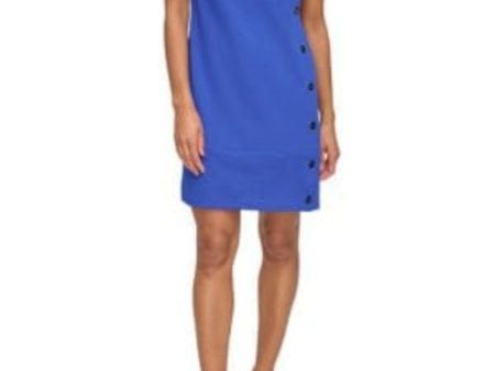 DKNY Womens Blue Zippered Decorative Buttons Sleeveless Crew Neck Short Party Shift Dress For Discount