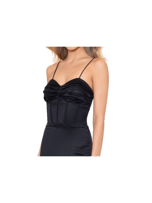 BLONDIE NITES Womens Black Pleated Zippered Boning Padded Open Lace Up Back Spaghetti Strap Sweetheart Neckline Full-Length Formal A-Line Dress Supply