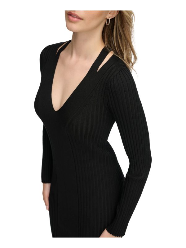 CALVIN KLEIN Womens Black Cut Out Ribbed Pullover Long Sleeve V Neck Below The Knee Party Sweater Dress Online Sale