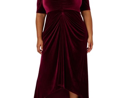 ADRIANNA PAPELL Womens Burgundy Ruched Zippered Lined Elbow Sleeve V Neck Full-Length Evening Hi-Lo Dress Hot on Sale