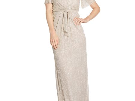 ADRIANNA PAPELL Womens Beige Glitter Zippered Center Front Tie Pleated Lined Flutter Sleeve Keyhole Full-Length Formal Gown Dress Discount