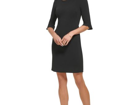 DKNY Womens Black Zippered Unlined Tulip Cuffs Elbow Sleeve Jewel Neck Above The Knee Wear To Work Sheath Dress For Sale