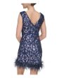 ELIZA J Womens Navy Zippered Lined Feather Trimmed Hem Cap Sleeve Boat Neck Short Party Sheath Dress on Sale