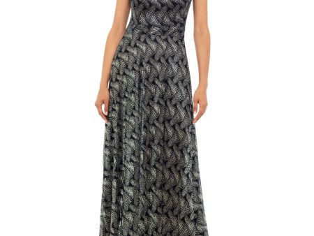 BETSY & ADAM Womens Navy Zippered Metallic Lined Pocketed Printed Sleeveless Halter Full-Length Evening Wrap Dress Online