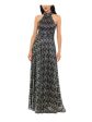 BETSY & ADAM Womens Navy Zippered Metallic Lined Pocketed Printed Sleeveless Halter Full-Length Evening Wrap Dress Online