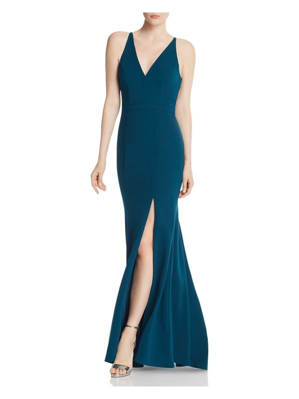 AQUA DRESSES Womens Teal V Neck Full-Length Evening Mermaid Dress Sale