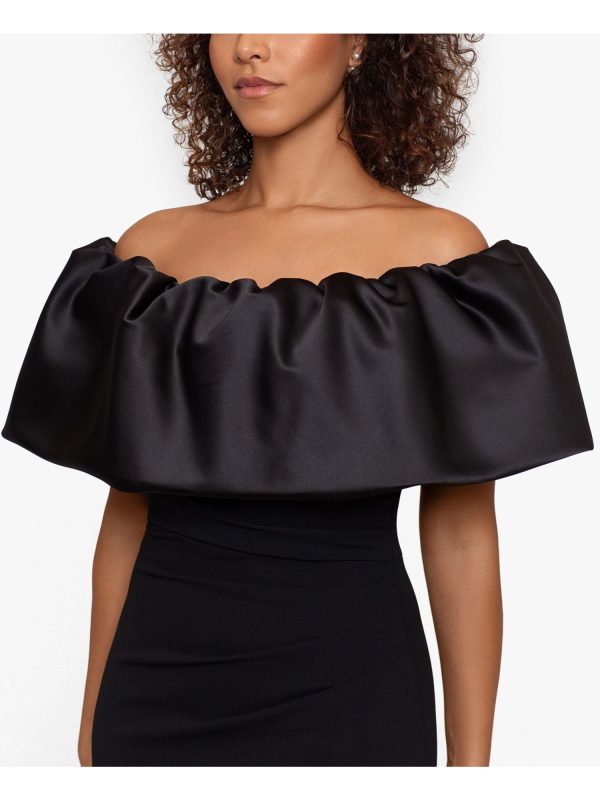 BETSY & ADAM Womens Black Ruched Zippered Ruffled Lined Flutter Sleeve Off Shoulder Full-Length Formal Gown Dress Hot on Sale