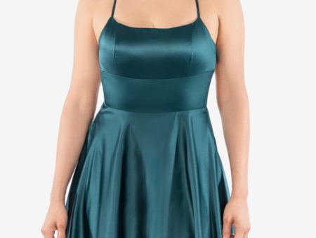 B DARLIN Womens Teal Zippered Fitted Lace-up Back Molded Cups Spaghetti Strap Square Neck Short Party Fit + Flare Dress Online Sale