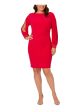 ADRIANNA PAPELL Womens Red Ruched Lined Long Split Sleeves Draped V-back Boat Neck Above The Knee Cocktail Sheath Dress Hot on Sale