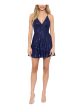 BLONDIE NITES Womens Navy Zippered Lined Lace-up Back Spaghetti Strap V Neck Mini Party Fit + Flare Dress Online now