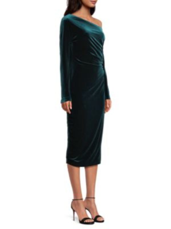 DONNA KARAN NEW YORK Womens Green Zippered Ruched Lined Long Sleeve Asymmetrical Neckline Midi Cocktail Sheath Dress Sale