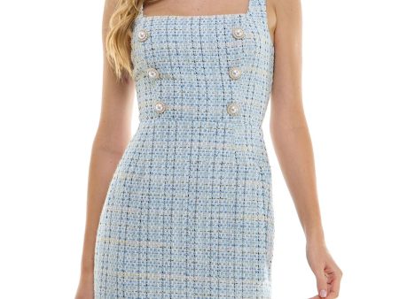 CITY STUDIO Womens Light Blue Zippered Lined Button Accents Metallic Detail Sleeveless Square Neck Short Party Sheath Dress For Discount