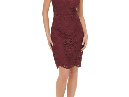 GUESS Womens Burgundy Zippered Scalloped Strappy Back Bra Cups Lined Sleeveless Keyhole Above The Knee Party Sheath Dress Online Sale