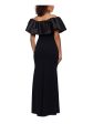 BETSY & ADAM Womens Black Ruched Zippered Ruffled Lined Flutter Sleeve Off Shoulder Full-Length Formal Gown Dress Hot on Sale